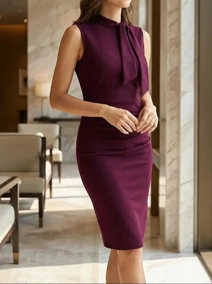 Elegant women's V-neck wrap midi dress by LondonLaneStore, sleeveless sheath style perfect for all seasons.
