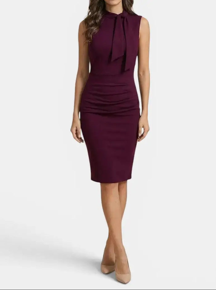 Elegant women's V-neck wrap midi dress by LondonLaneStore, sleeveless sheath design perfect for all seasons.