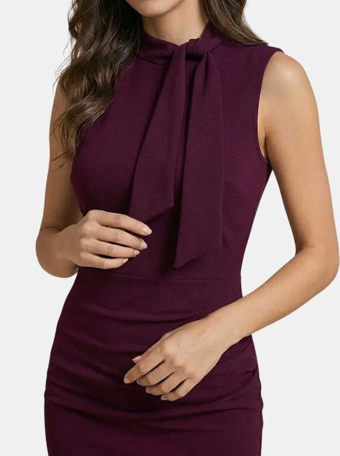 Women's elegant V-neck wrap midi dress from LondonLaneStore featuring sleeveless sheath design, perfect for all seasons.