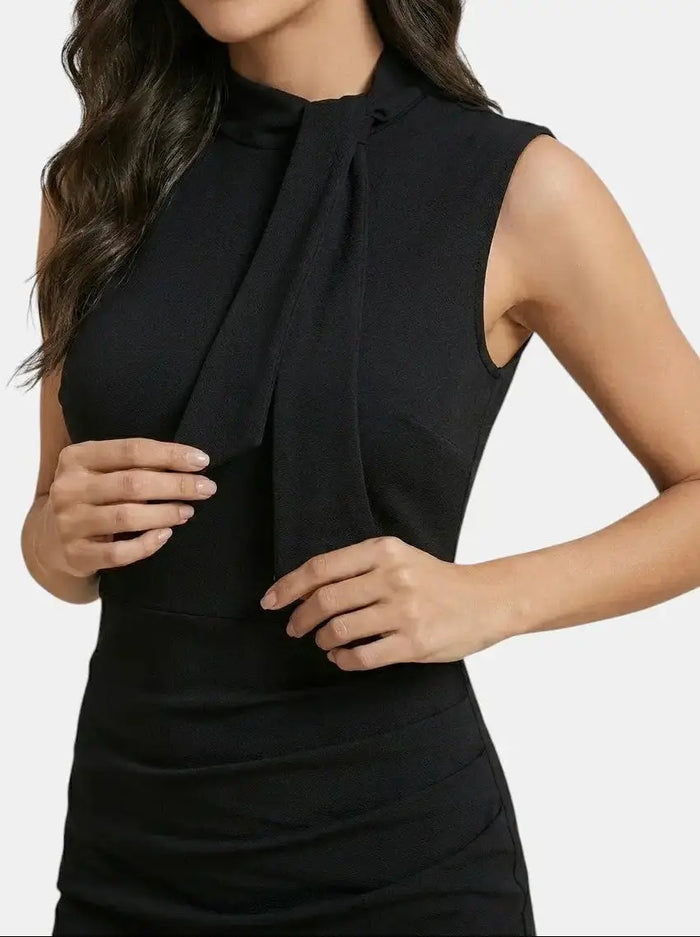 Women's elegant V-neck wrap midi dress by LondonLaneStore, stylish sleeveless sheath for all seasons, shown on a model.