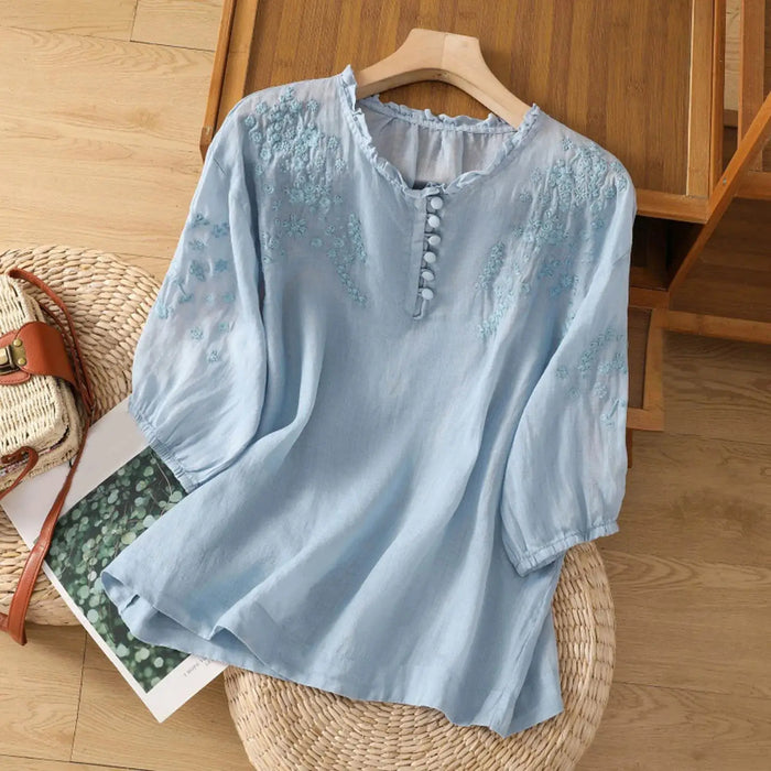 Elegant white embroidered cotton blouse for women with a classic button-front design, perfect for summer wear.