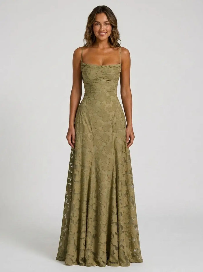 Elegant women's floral brocade maxi dress by LondonLaneStore featuring a structured formal evening gown design.