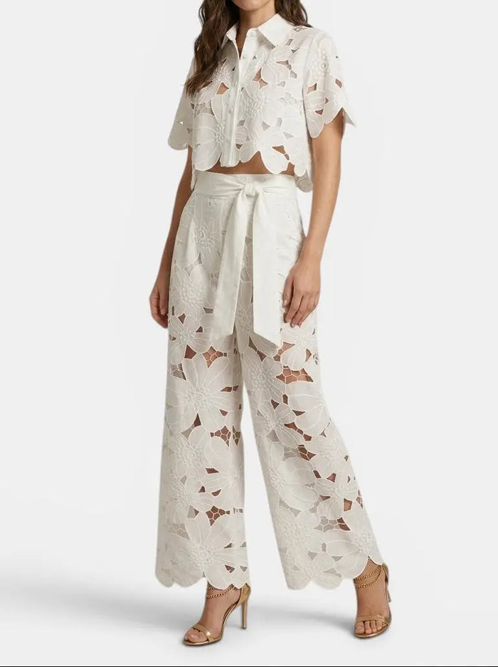 Women's floral lace co-ord set with an elegant cropped top and wide-leg trousers, perfect for spring and summer.