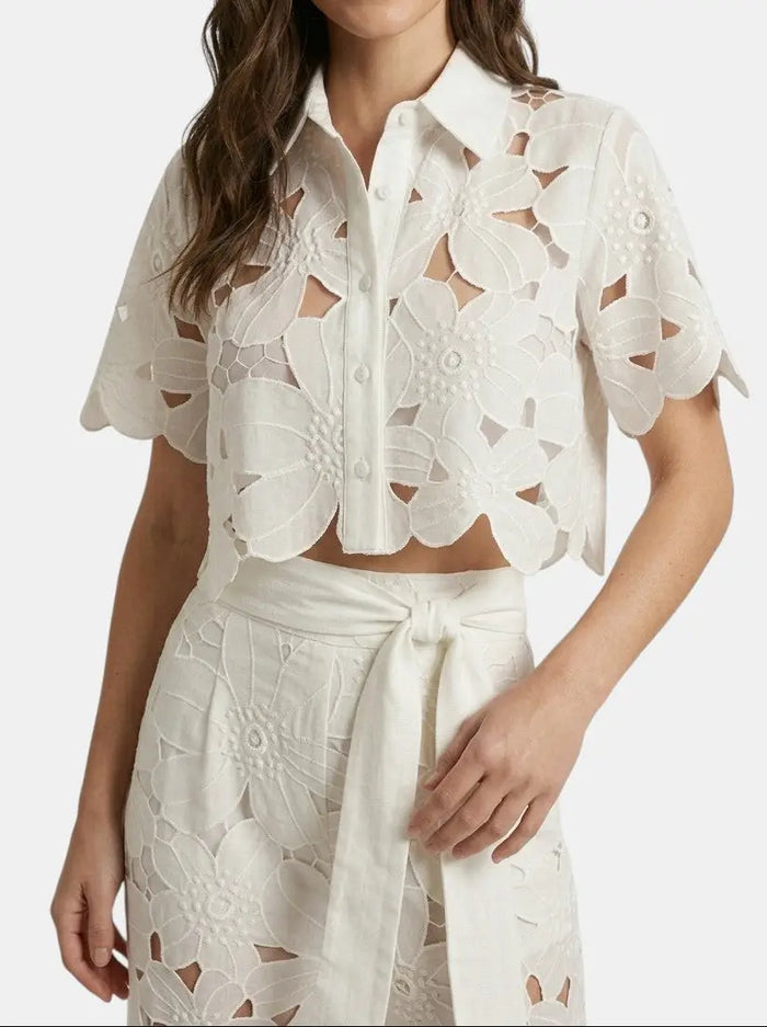 Women's floral lace co-ord set from LondonLaneStore featuring an elegant cropped top and wide-leg trousers for spring and summer.