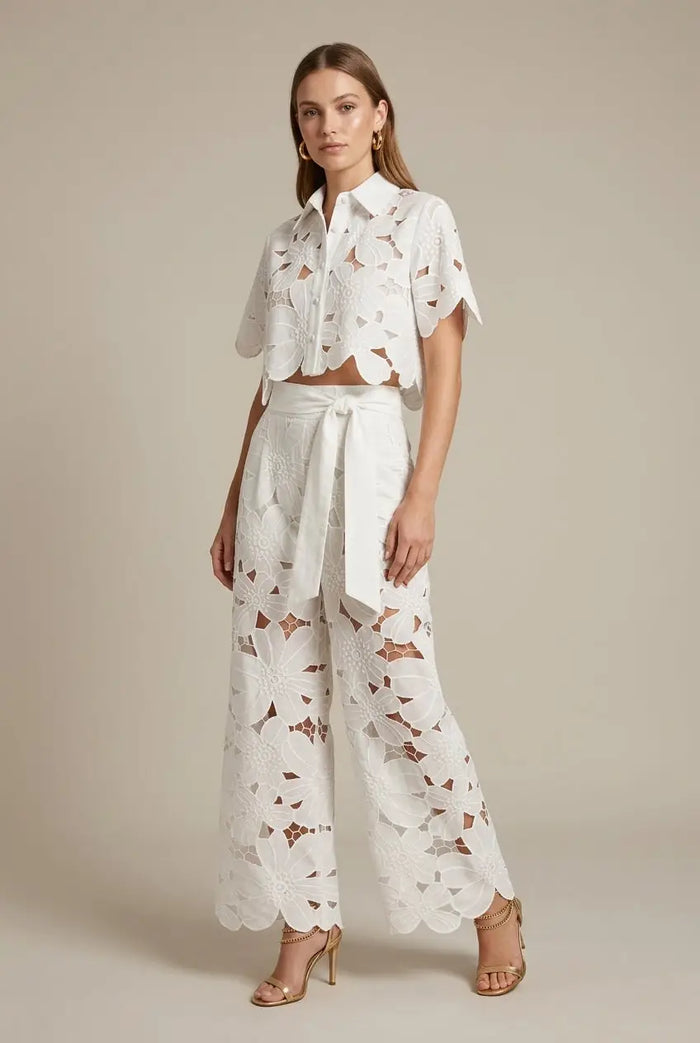 Women's floral lace two-piece set featuring an elegant cape overlay top and wide-leg trousers from LondonLaneStore.