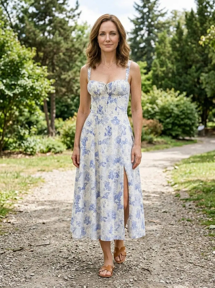 Women's floral midi dress with elegant corset, flowing skirt, perfect for summer, by LondonLaneStore.