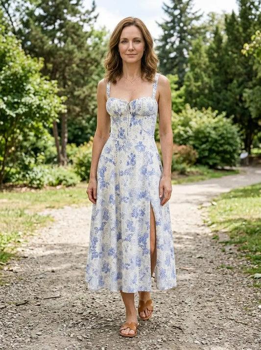 Women's floral midi dress with elegant corset, flowing skirt, perfect for summer, by LondonLaneStore.