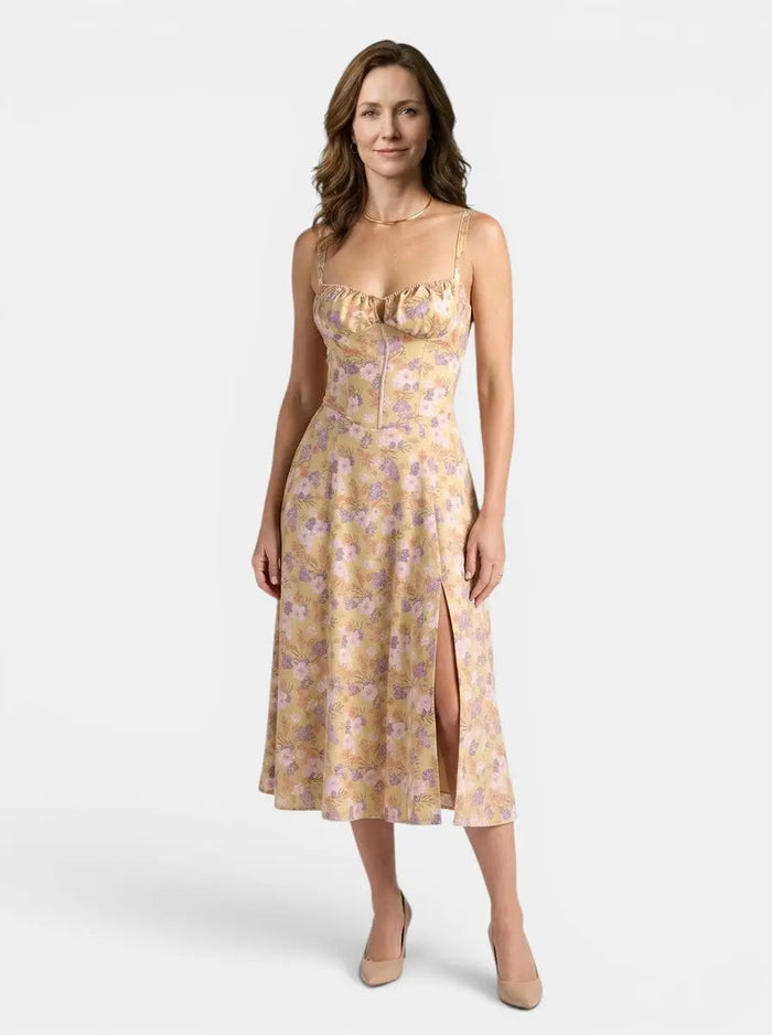 Women's floral midi dress by LondonLaneStore with an elegant corset, flowing skirt, perfect for summer occasions.