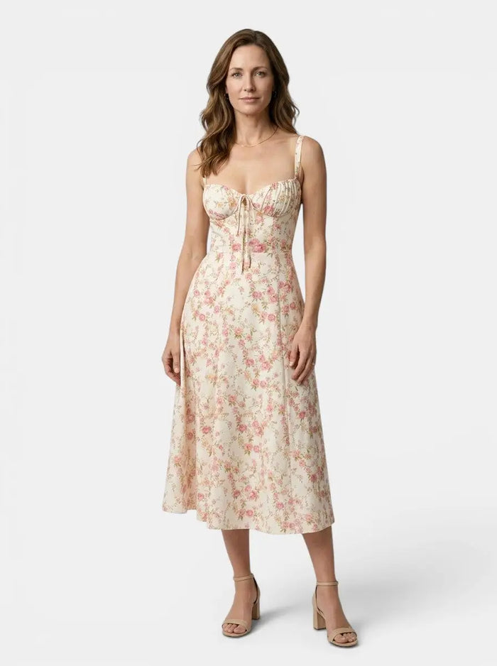 Elegant floral midi dress for women by LondonLaneStore featuring a corset top and flowing skirt, perfect for summer occasions.