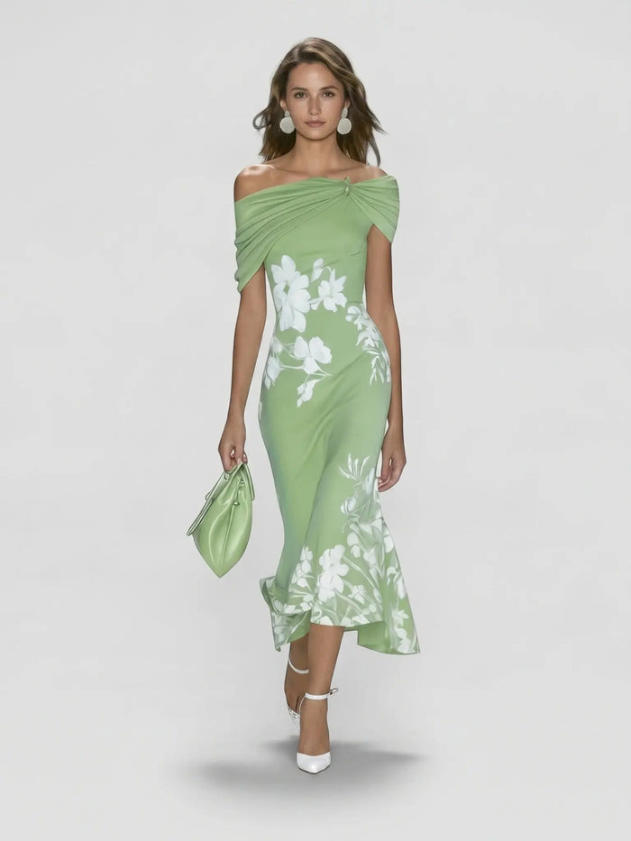 Elegant women's floral midi dress by LondonLaneStore featuring off-shoulder design and lightweight polyester fabric.