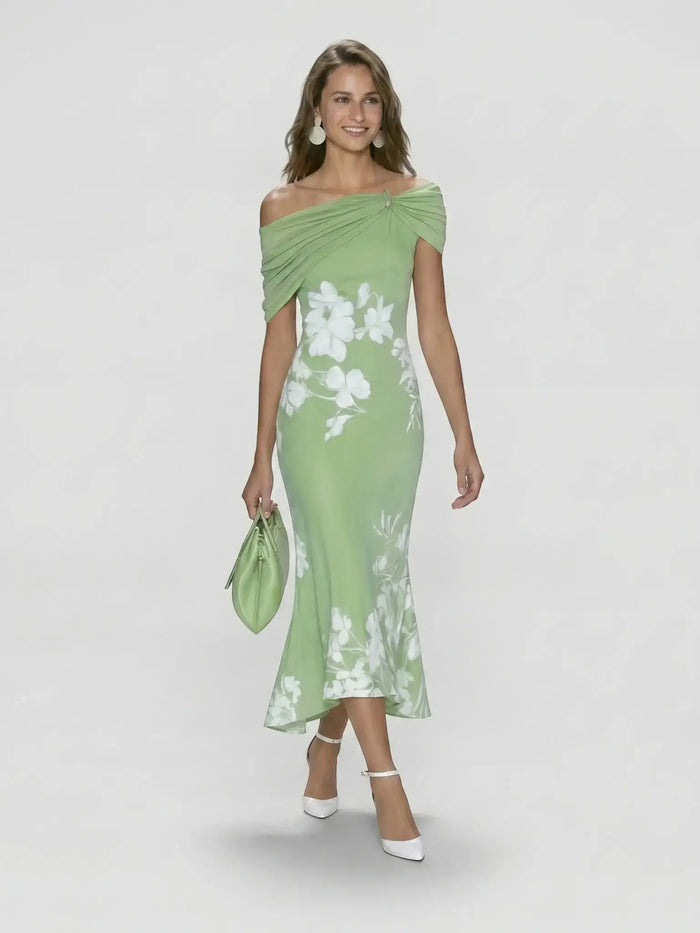 Elegant women's floral midi dress from LondonLaneStore featuring off-shoulder design and lightweight polyester fabric.