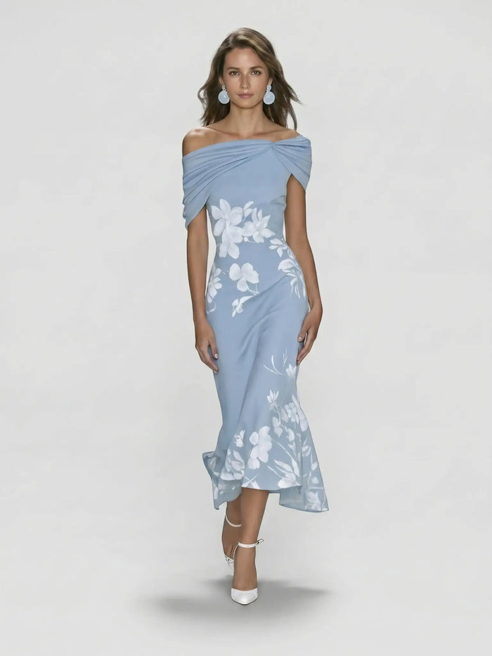 Elegant women's floral midi dress by LondonLaneStore featuring off-shoulder design and lightweight polyester fabric, perfect for summer.