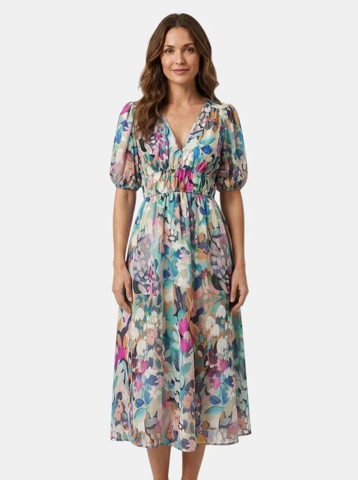 Women's floral midi dress from LondonLaneStore featuring lightweight fabric, romantic summer style, and a feminine floral pattern.