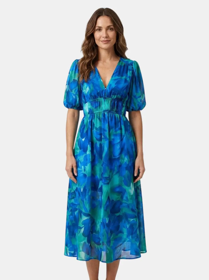 Lightweight women's floral midi dress from LondonLaneStore, featuring romantic summer style with a flowy, colorful floral pattern.