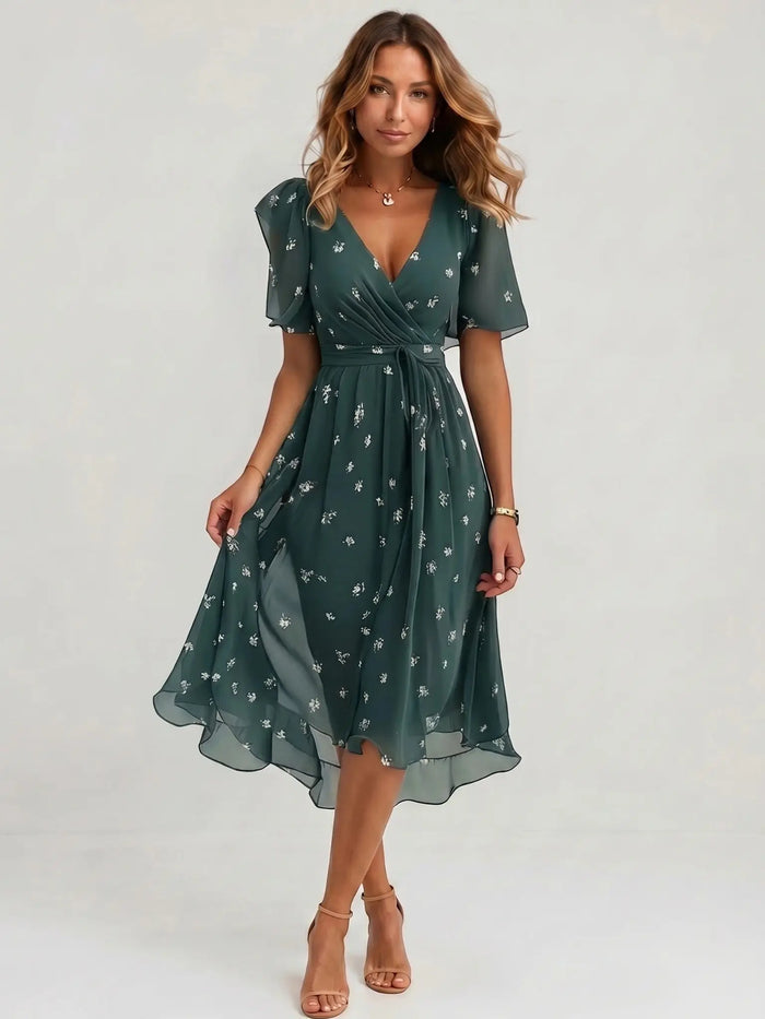 Women's floral print cotton midi dress by LondonLaneStore, elegant wrap summer dress with a vibrant floral pattern.