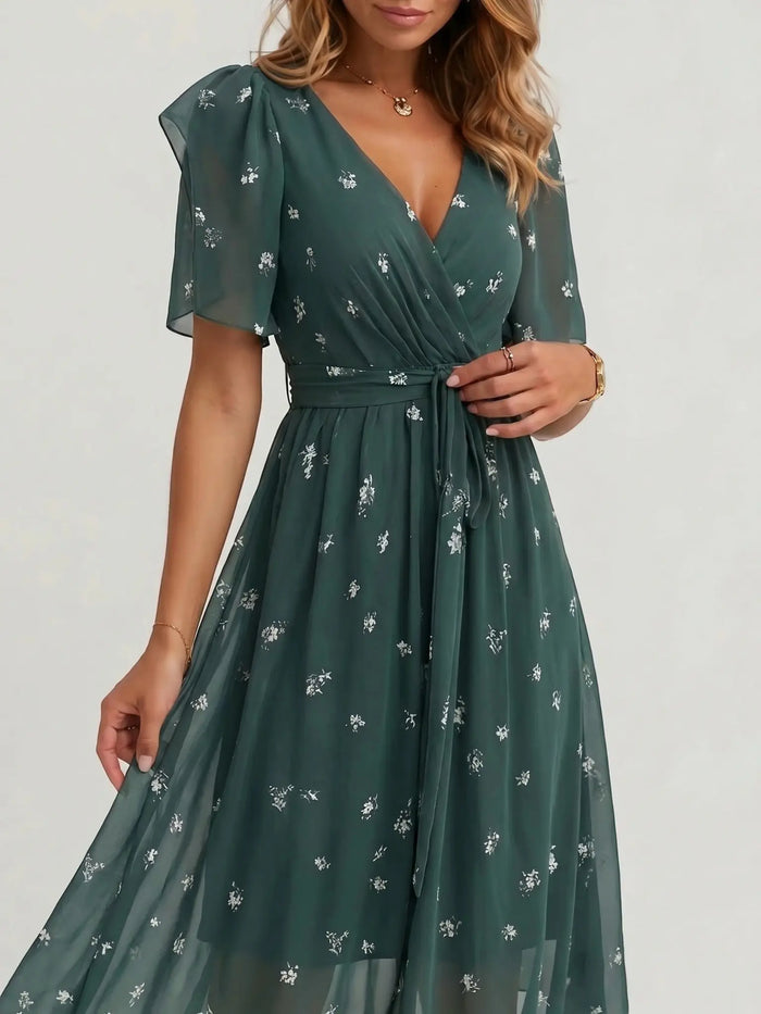 Women's floral print cotton midi dress by LondonLaneStore featuring an elegant wrap design, perfect for summer occasions.