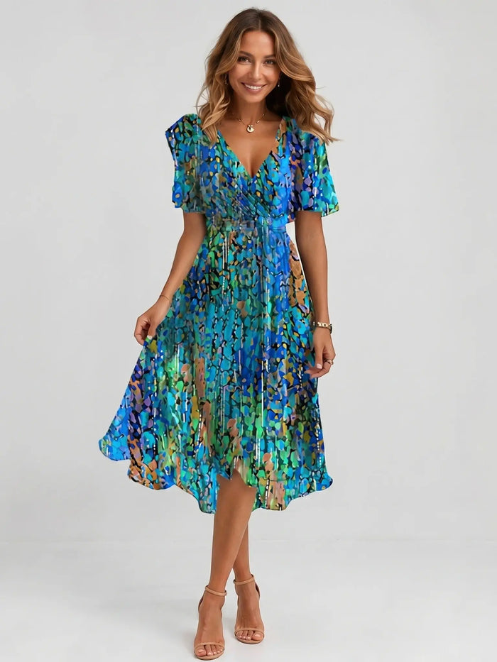 Women's floral print cotton midi dress by LondonLaneStore featuring an elegant wrap design, perfect for summer occasions.