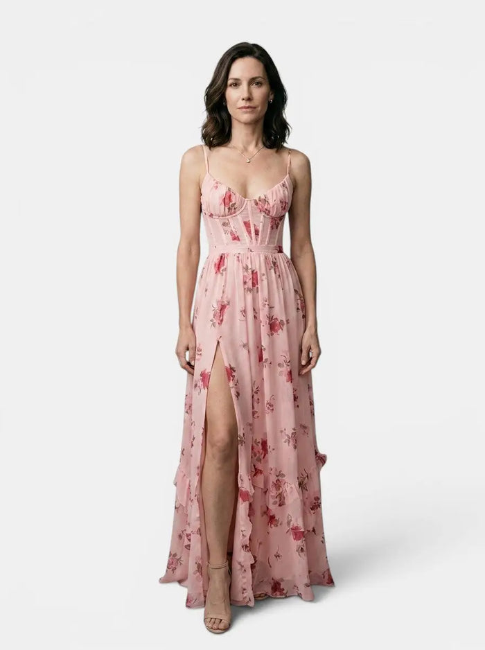 Women's floral print maxi dress by LondonLaneStore featuring a flowing design, side slit, perfect for summer occasions.