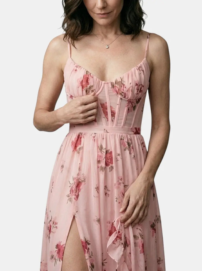 Women's floral print maxi dress by LondonLaneStore featuring an elegant flowing design, side slit, perfect for summer wear.