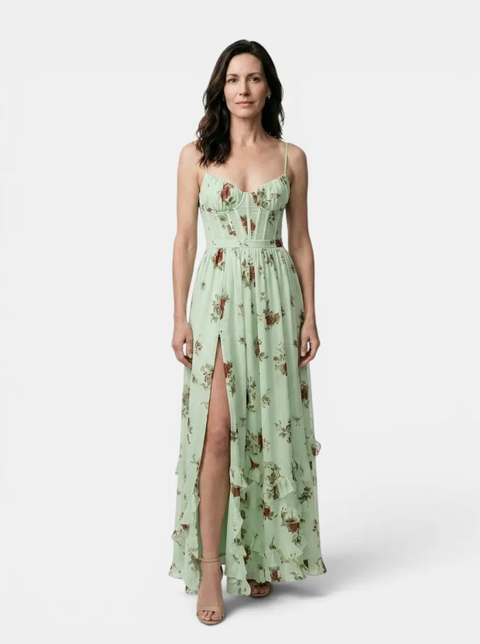 Women's floral print maxi dress by LondonLaneStore featuring an elegant flowing design and side slit, perfect for summer.