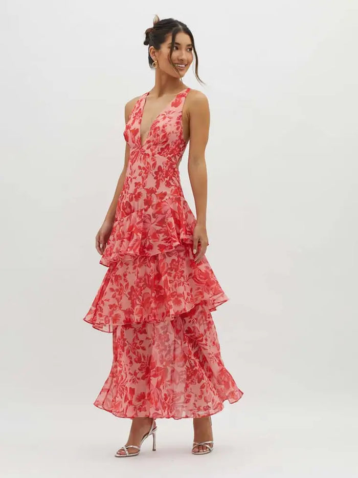 Floral print women's maxi dress from LondonLaneStore featuring a flowing tiered design, perfect for summer occasions.