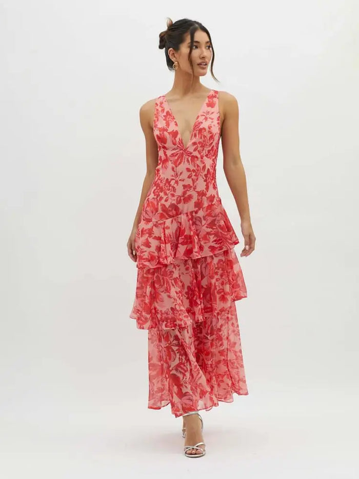 Women’s floral print maxi dress by LondonLaneStore featuring a flowing, tiered summer gown with vibrant floral patterns.