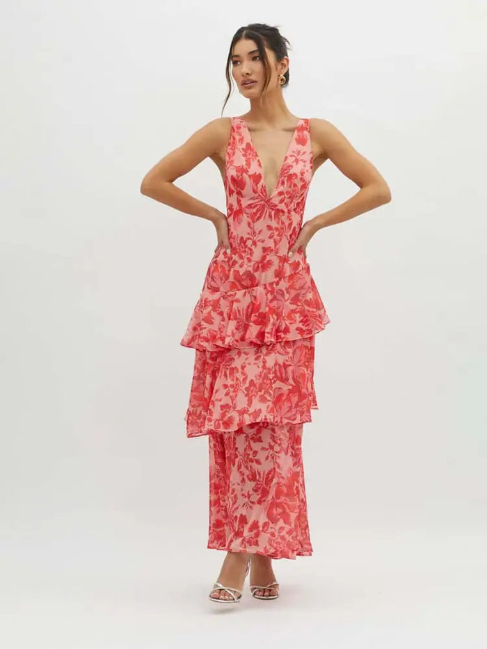 Women's floral print maxi dress with flowing tiered design, perfect for summer, by LondonLaneStore.