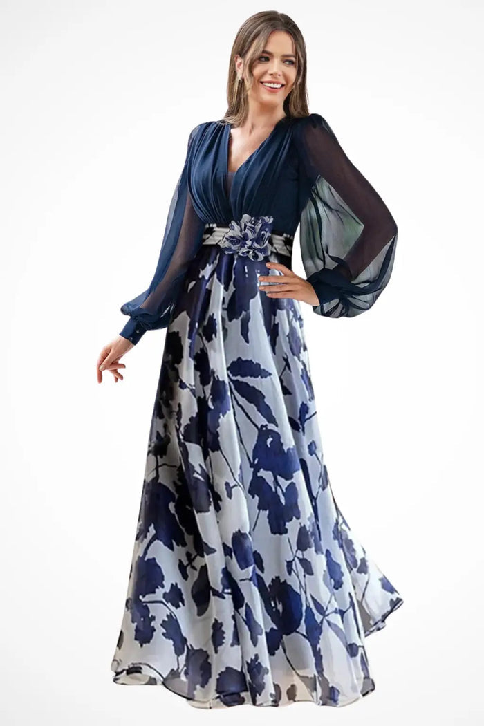 Women's floral print maxi dress with V-neck and balloon sleeves, elegant evening gown by LondonLaneStore.