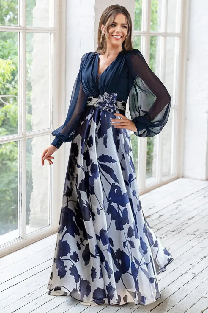 Women’s floral print maxi dress with V-neck and balloon sleeves, elegant evening gown by LondonLaneStore.
