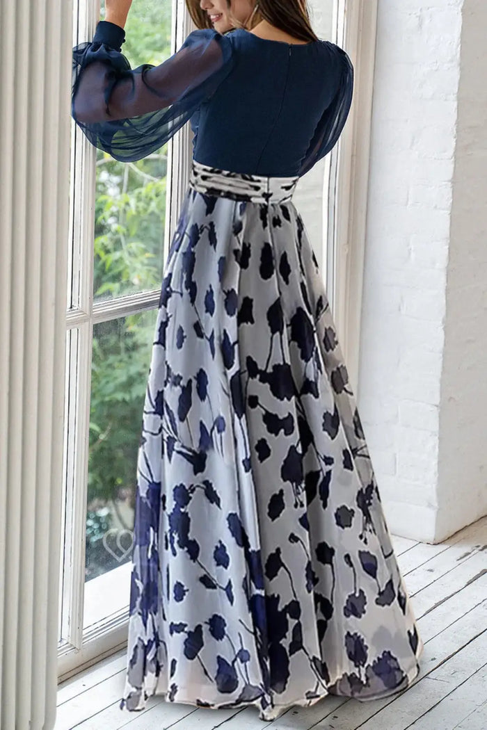 Women's floral print maxi dress with V-neck and balloon sleeves, elegant evening gown from LondonLaneStore.