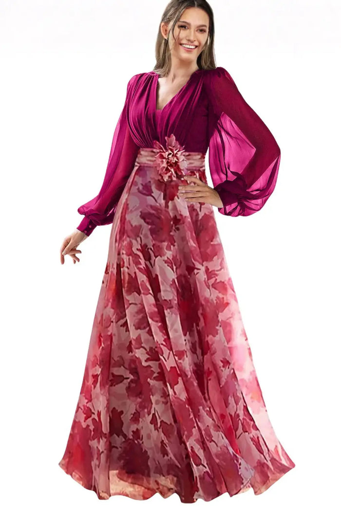 Women’s floral print maxi dress with v-neck and balloon sleeves, elegant evening gown by LondonLaneStore.