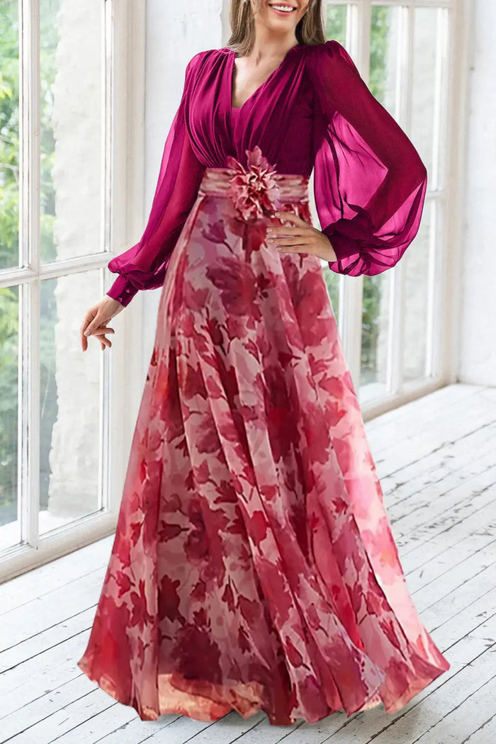 Women’s floral print maxi dress with v-neckline and balloon sleeves, elegant evening gown by LondonLaneStore.