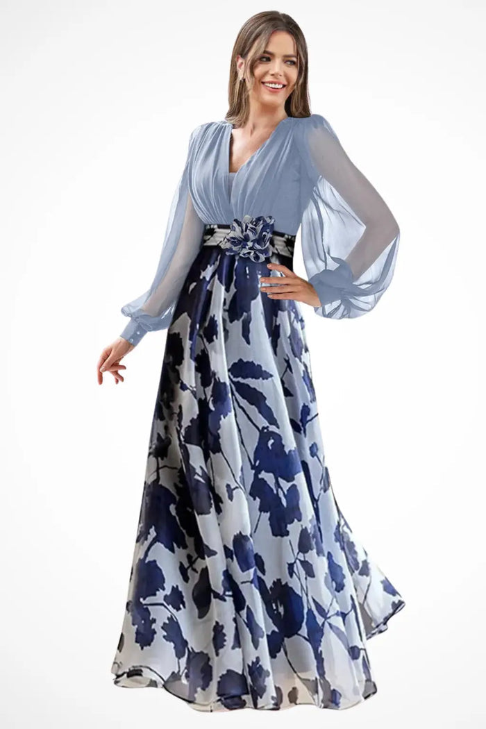 Women’s floral print maxi dress with V-neck and balloon sleeves, elegant evening gown from LondonLaneStore.