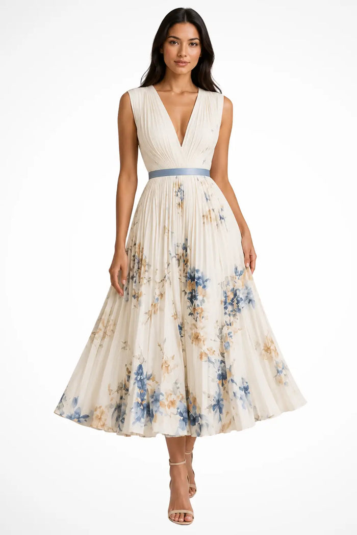 Women's floral print midi dress with V-neck and pleated design, sleeveless summer dress by LondonLaneStore.