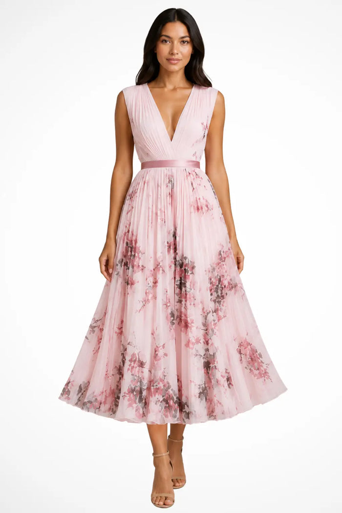 Women's floral print midi dress with V-neck and pleated design, sleeveless summer dress by LondonLaneStore.
