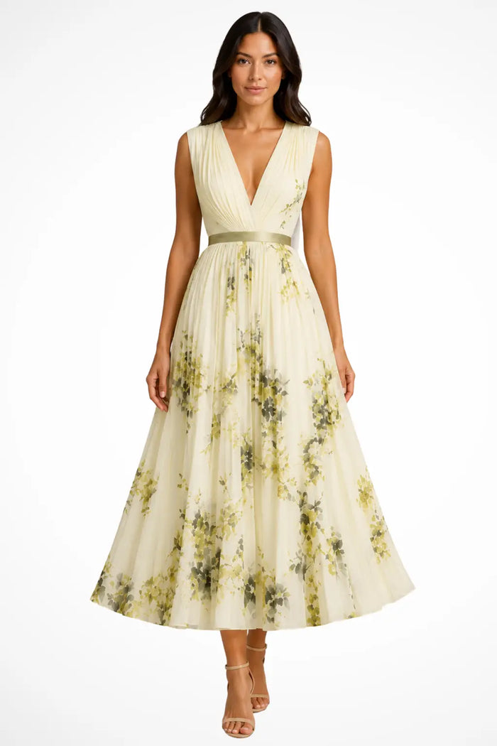 Women's floral print midi dress by LondonLaneStore featuring a sleeveless V-neck design, pleated fabric, perfect for summer occasions.