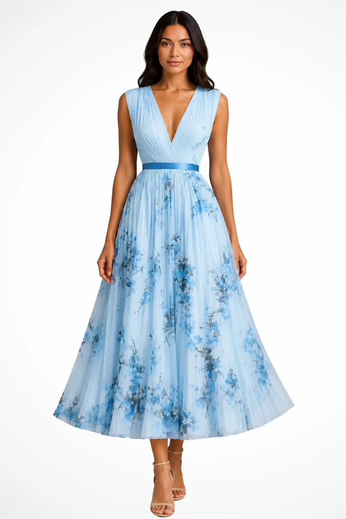 Women's floral print midi dress with V-neck and pleated design, sleeveless summer dress by LondonLaneStore.