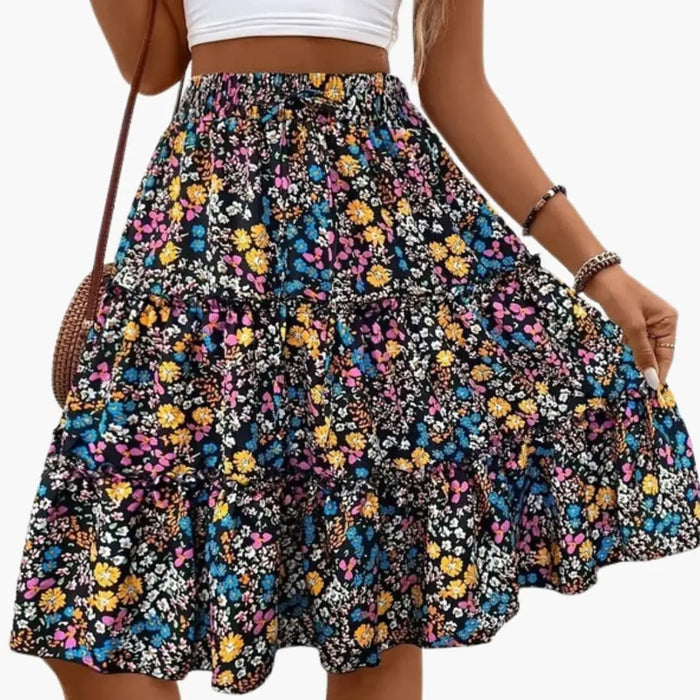 Women's floral print midi skirt with relaxed fit, flared design, and ruffled hem, perfect for summer wear from LondonLaneStore.