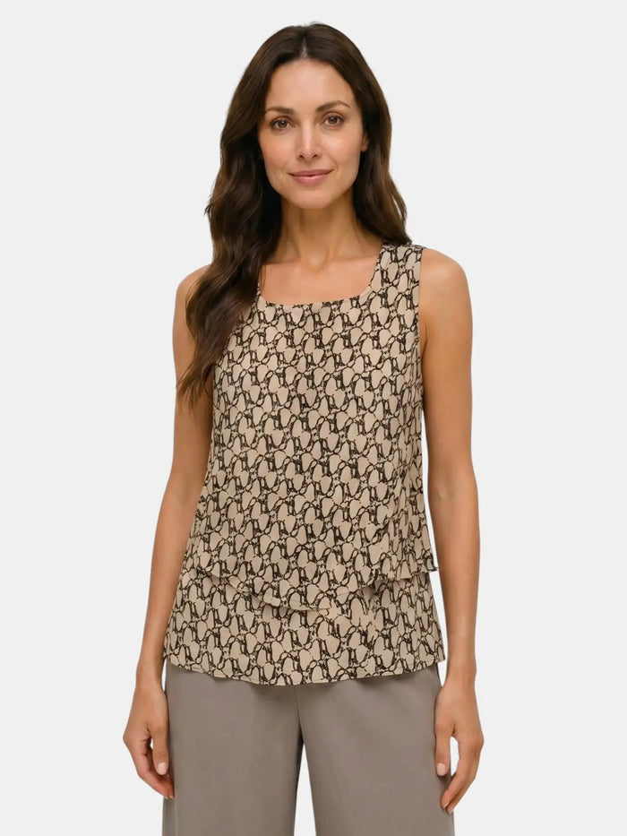 Women's floral print suit by LondonLaneStore featuring a layered sleeveless top and relaxed wide-leg trousers.