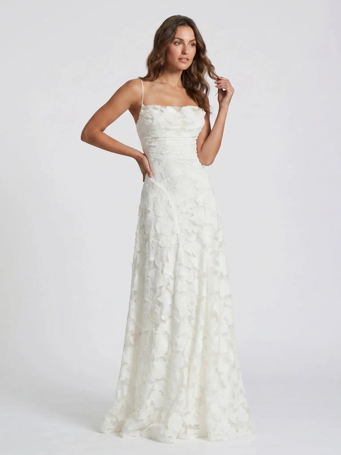 Women's floral textured A-line wedding dress with strapless design, elegant maxi bridal gown by LondonLaneStore.