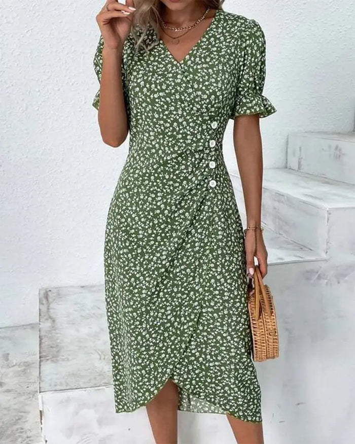 Women's floral wrap dress by LondonLaneStore with adjustable V-neck, midi length, perfect for elegant summer occasions.