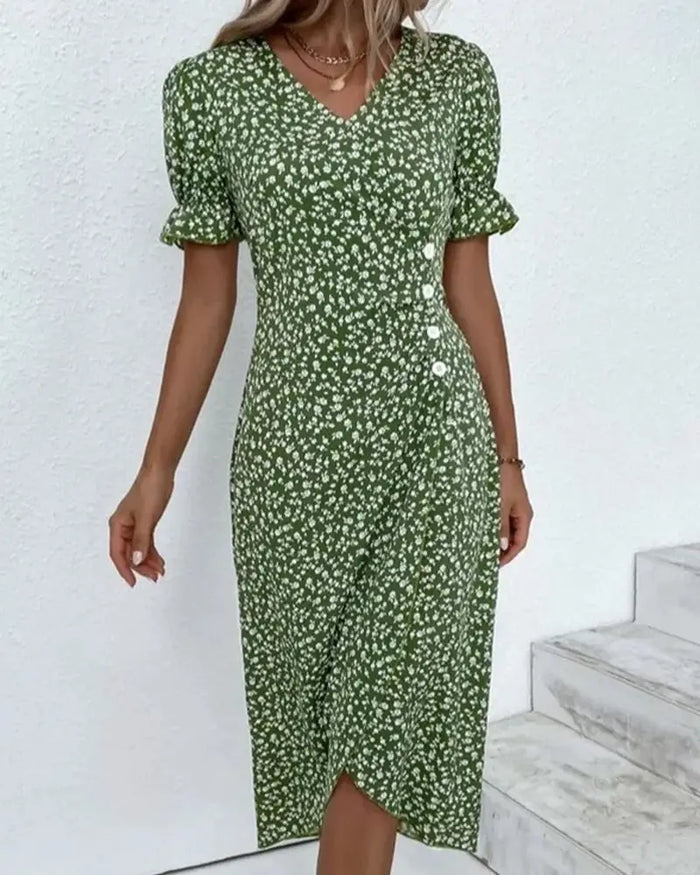 Women’s floral wrap midi dress with adjustable V-neck, featuring a stylish summer design and elegant fit from LondonLaneStore.