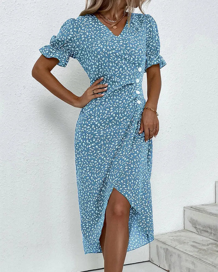 Women’s floral wrap midi dress with adjustable V-neck, featuring a stylish summer design and elegant silhouette by LondonLaneStore.
