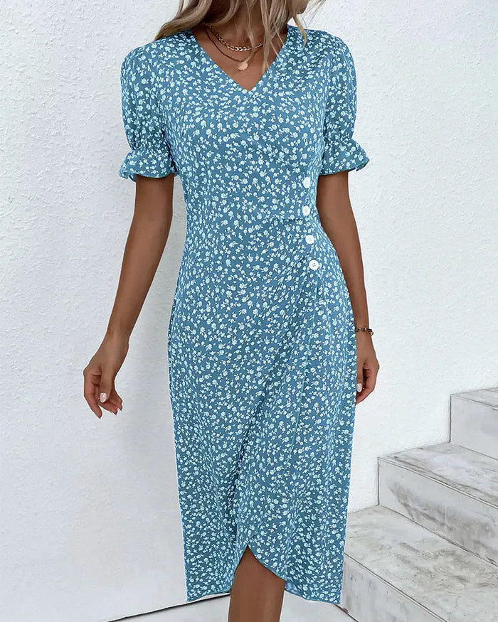 Women's floral wrap midi dress with adjustable V-neck, lightweight summer dress featuring a vibrant floral pattern and elegant design.