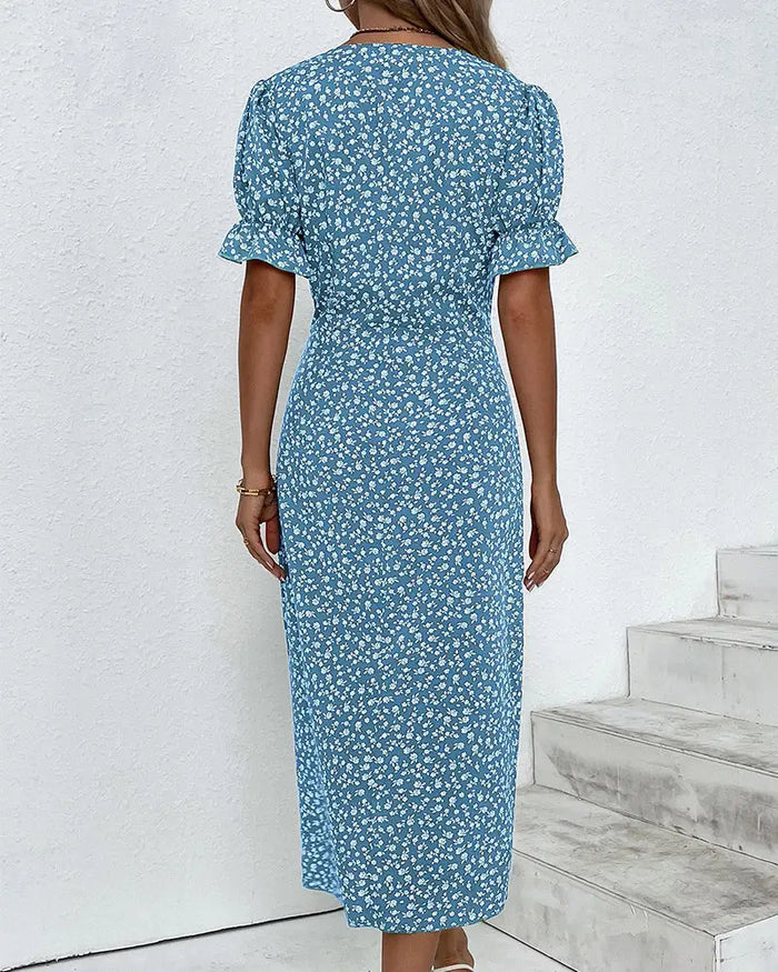 Women’s floral wrap midi dress with adjustable V-neck, perfect for elegant summer occasions, by LondonLaneStore.