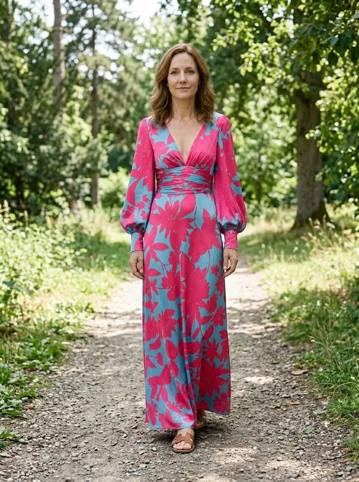 Women’s flowing fabric maxi dress with a defined waist and long sleeves, perfect for summer, by LondonLaneStore.