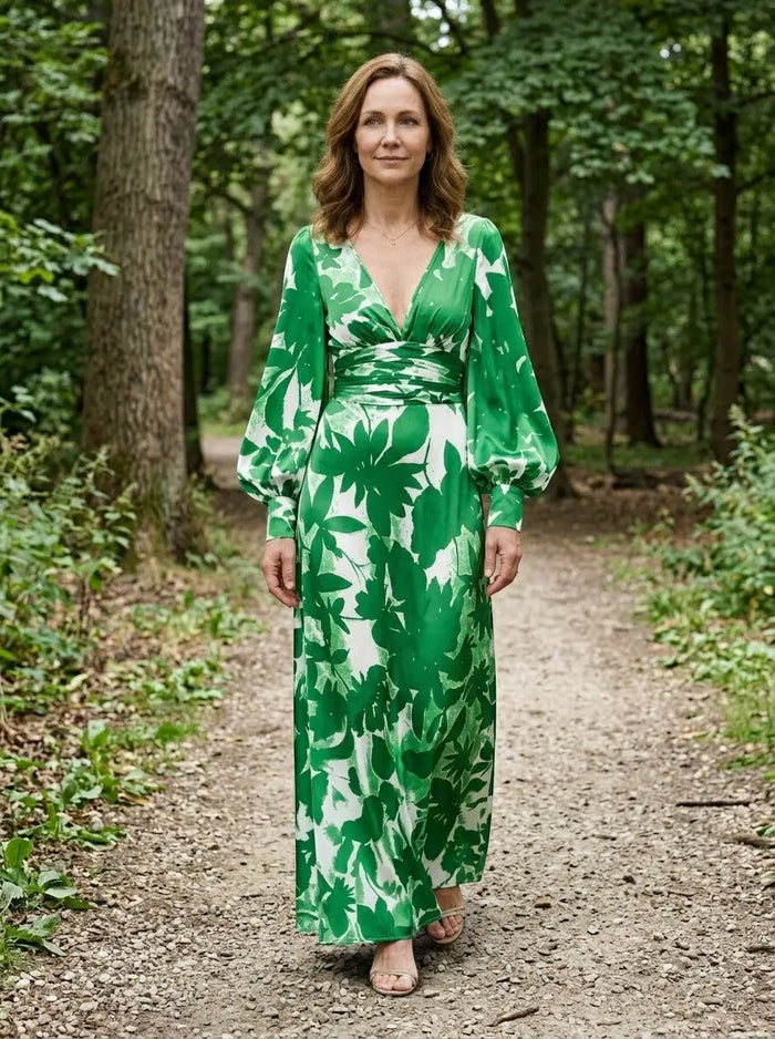 Women's flowing fabric maxi dress with defined waist, long sleeves, perfect for summer, by LondonLaneStore.