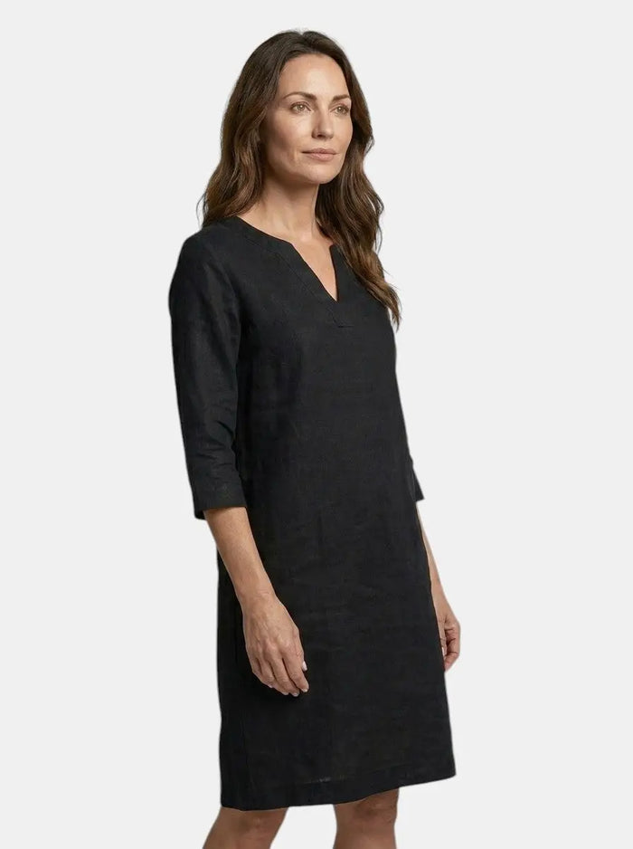 Women's flowing summer dress with V-neck and layered design, elegant style, perfect for warm weather.