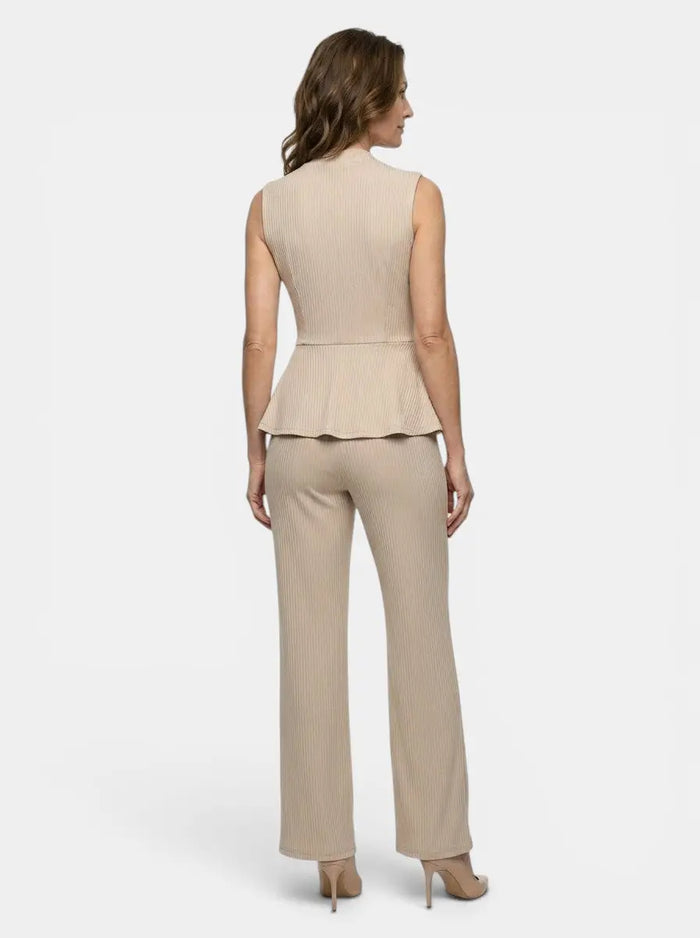 Elegant women's fluid drape wrap top and flared trousers set by LondonLaneStore, tailored peplum design for a sophisticated look.