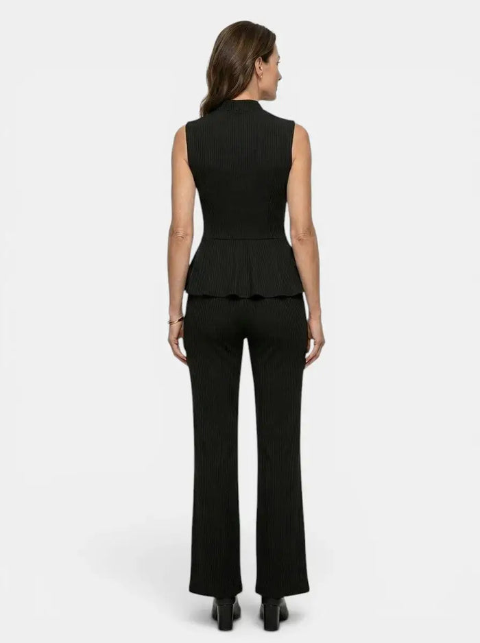 Women's fluid drape wrap top and flared trousers set, elegant tailored peplum outfit by LondonLaneStore.